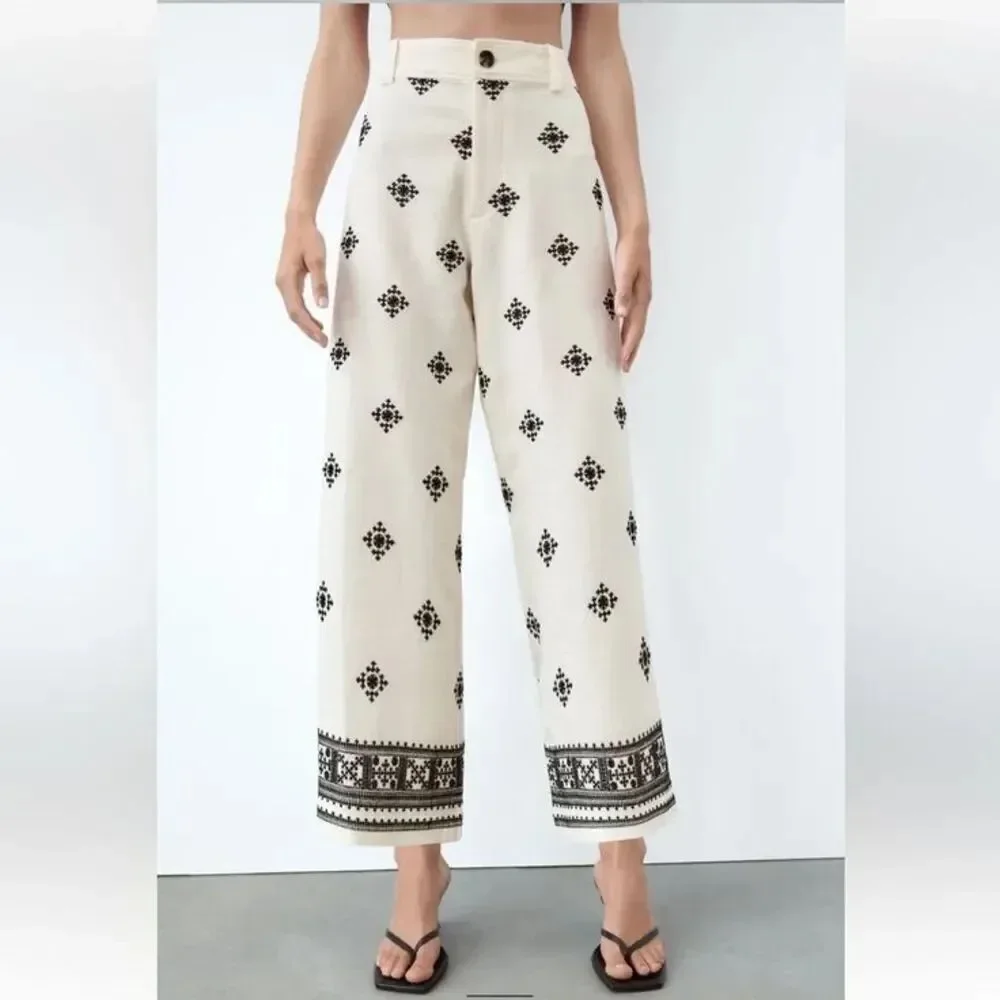 Zara Cream Embroidered Wide Leg Pants XS Boho Linen Blend